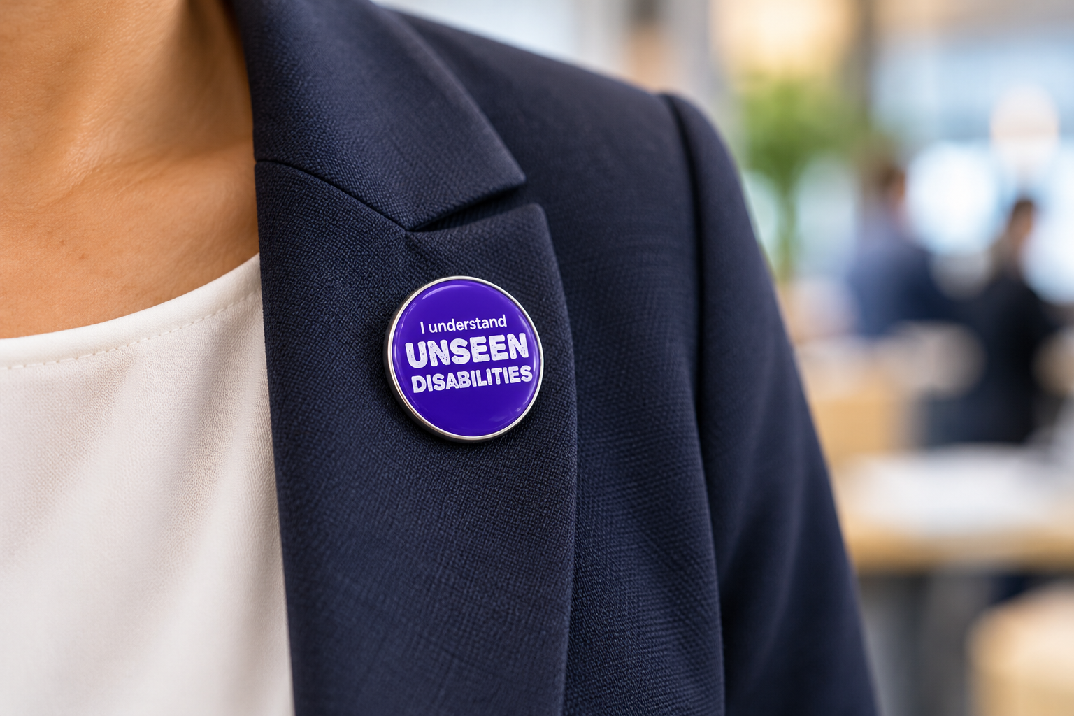 Close-up of an Unseen Aware badge worn on a navy blazer, with no face visible